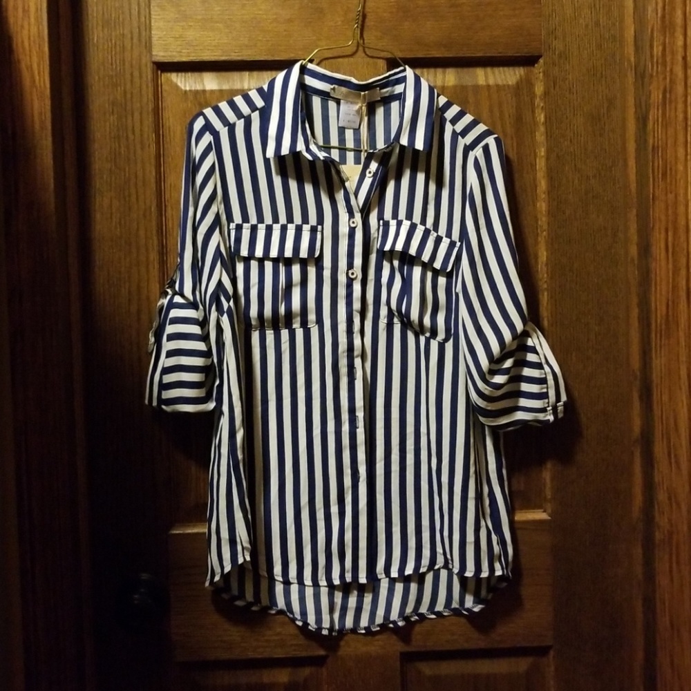 HWA Apparel, sheer navy blue /white blouse